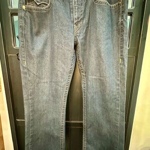 True Religion Denim Jeans in Dark Blue with Red Logo Patch